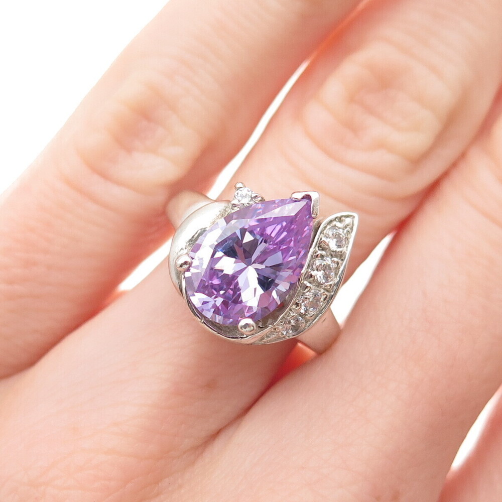 925 Sterling Silver Lavender & White C Z Teardrop Ring Size 6